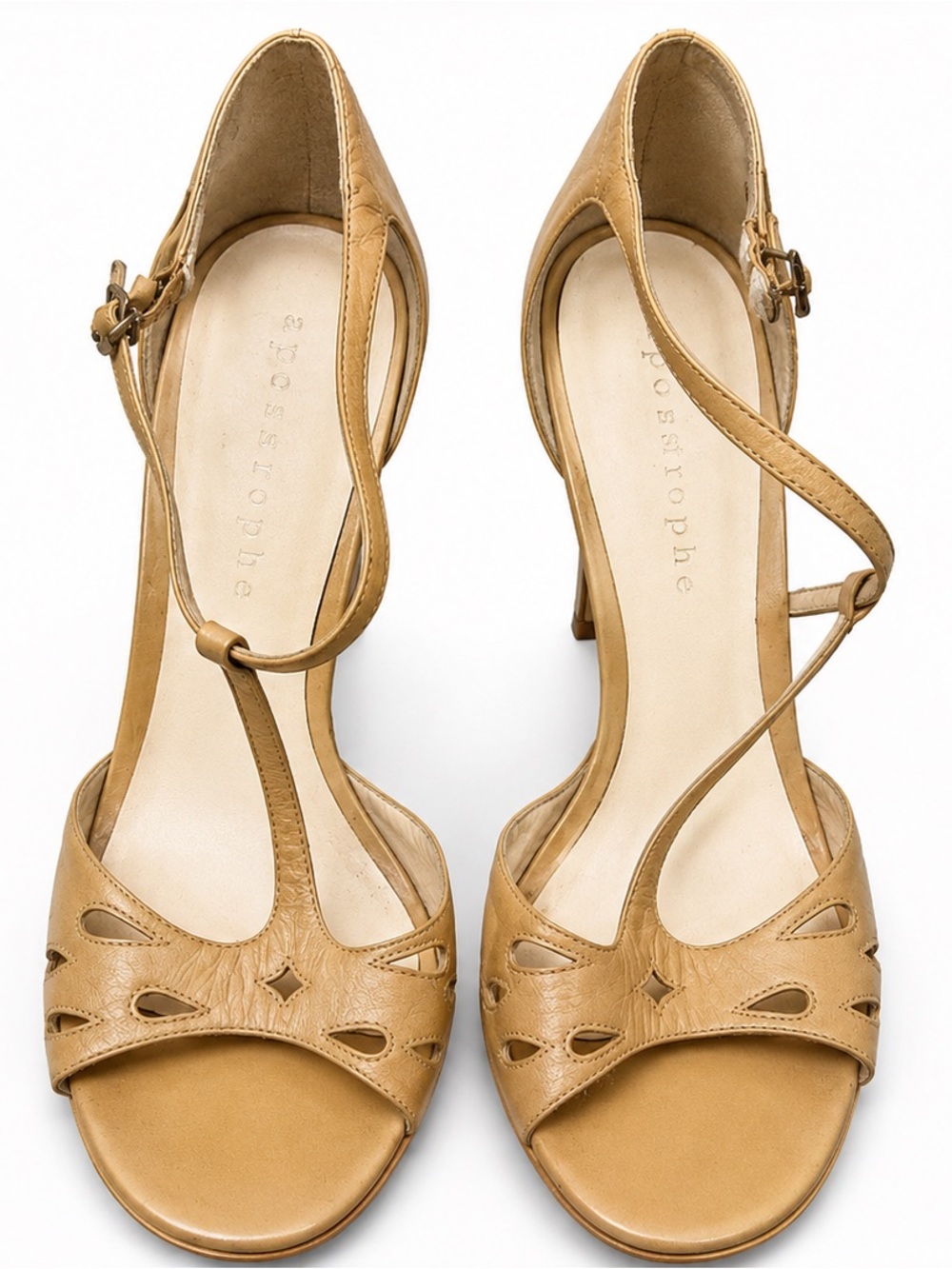Apostrophe Nude/Tan Leather Ankle Strap Heels – Women’s Dress Sandals